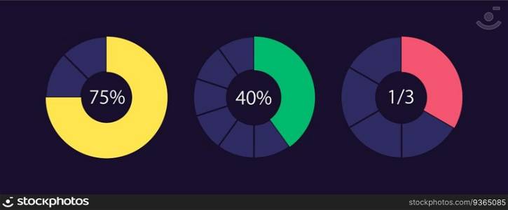 Social media poll results circle infographic design template set for dark theme. Internet research. Editable pie charts with sectors. Visual data presentation. Myriad Pro-Regular font used. Social media poll results circle infographic design template set for dark theme