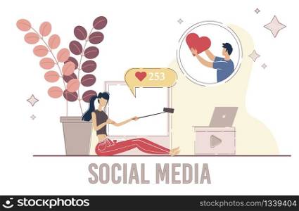 Social Media Popular Blogger, Beauty Blogger or Fitness Model Concept. Young Woman Shooting Selfie Photo with Smartphone, Streaming Live Video, Follower Liking Content Trendy Flat Vector Illustration