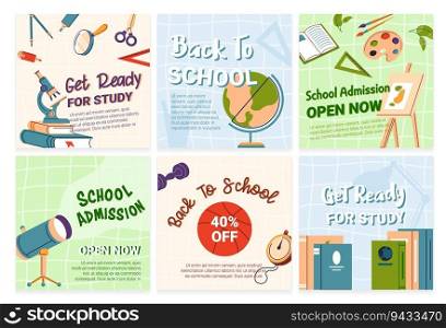Social media post set for back to school sale. Web banner collection with flat education elements, vector illustration. School admission, kid store advertising at network page design. Social media post set for back to school sale
