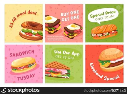 Social media post set for sandwich meal deal. Network banner collection with special offer for restaurant hamburger, vector illustration. Colorful web page with food advertising. Social media post set for sandwich meal deal