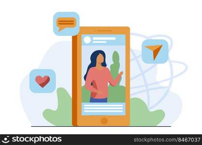 Social media post with picture. Blogger, video, like, sharing, repost flat vector illustration. Communication, marketing influencer concept for banner, website design or landing web page