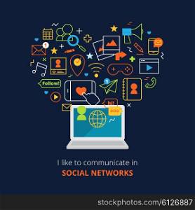 Social Media Poster. Social media poster with computer and network line abstract icons set on blue background flat vector illustration
