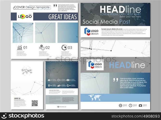 Social media posts set. Business templates. Abstract design template, vector layouts in popular formats. Geometric blue color background, molecule structure, science concept. Connected lines and dots.. Social media posts set. Business templates. Easy editable abstract flat design template, vector layouts in popular formats. Geometric blue color background, molecule structure, science concept. Connected lines and dots.