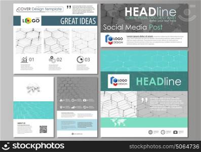 Social media posts set. Business templates. Abstract design template, vector layouts in popular formats. Chemistry pattern, hexagonal molecule structure on blue. Medicine, science, technology concept.. Social media posts set. Business templates. Easy editable abstract flat design template, vector layouts in popular formats. Chemistry pattern, hexagonal molecule structure on blue. Medicine, science and technology concept.