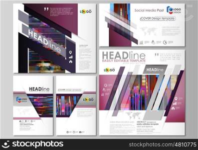 Social media posts set. Business templates. Abstract design vector template, layouts in popular formats. Glitched background made of colorful pixel mosaic. Digital decay, signal error, television fail. Trendy glitch backdrop.