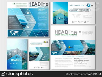 Social media posts set. Business templates. Cover design, abstract flat style travel decoration layouts in popular formats, easy editable vector template, colorful blurred natural landscape