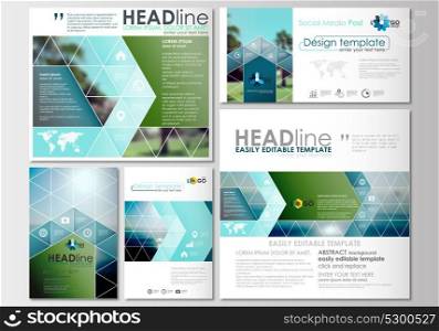 Social media posts set. Business templates. Cover design, abstract flat style travel decoration layouts in popular formats, easy editable vector template, colorful blurred natural landscape.. Social media posts set. Business templates. Cover design, abstract flat style travel decoration layouts in popular formats, easy editable vector template, colorful blurred natural landscape