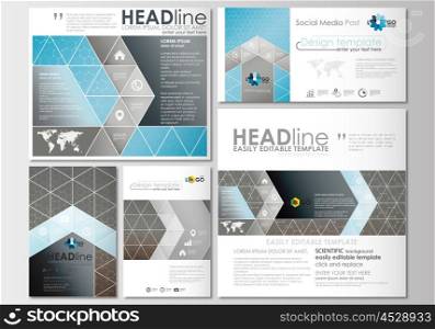 Social media posts set. Business templates. Cover design template, easy editable, abstract flat layouts in popular formats. Scientific medical research, chemistry pattern, hexagonal design molecule structure, science vector background.