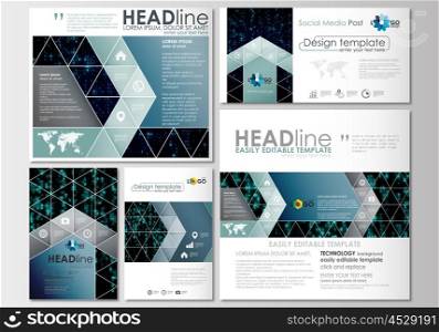 Social media posts set. Business templates. Cover design template, easy editable, abstract flat layouts in popular formats. Virtual reality, color code streams glowing on screen, abstract technology background with symbols.
