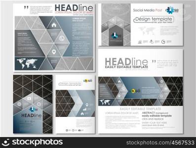 Social media posts set. Business templates. Cover design template, easy editable, abstract flat layouts in popular formats. Abstract 3D construction and polygonal molecules on gray background, scientific technology vector.