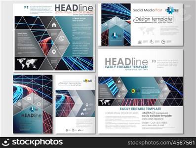 Social media posts set. Business templates. Cover design template, easy editable, abstract flat layouts in popular formats. Abstract lines background with color glowing neon streams, motion design vector.