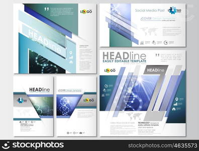 Social media posts set. Business templates. Cover design template, easy editable, abstract flat layouts in popular formats. DNA molecule structure, science background. Scientific research, medical technology.