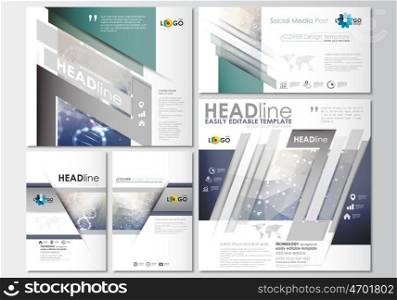 Social media posts set. Business templates. Cover design template, easy editable, abstract flat layouts in popular formats. DNA molecule structure on blue background. Scientific research, medical technology.
