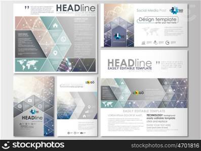 Social media posts set. Business templates. Cover design template, easy editable, abstract flat layouts in popular formats. DNA molecule structure on blue background. Scientific research, medical technology