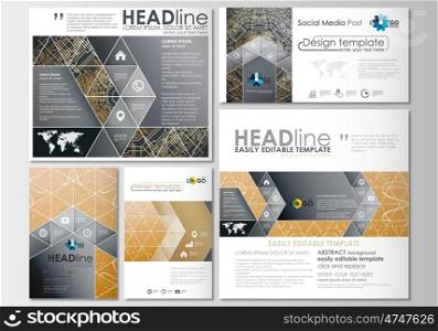 Social media posts set. Business templates. Cover design template, easy editable, abstract flat layouts in popular formats. Golden technology background, connection structure with connecting dots and lines, science vector