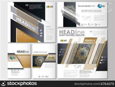Social media posts set. Business templates. Cover design template, easy editable, abstract flat layouts in popular formats. Golden technology background, connection structure with connecting dots and lines, science vector.