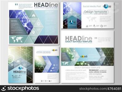 Social media posts set. Business templates. Cover design template, easy editable, abstract flat layouts in popular formats. DNA molecule structure, science background. Scientific research, medical technology.
