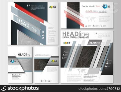 Social media posts set. Business templates. Cover design template, easy editable, abstract flat layouts in popular formats. Abstract 3D construction and polygonal molecules on gray background, scientific technology vector.