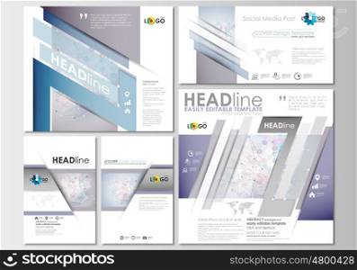 Social media posts set. Business templates. Cover design template, easy editable, abstract flat layouts in popular formats. Molecule structure on blue background. Science healthcare background, medical vector.