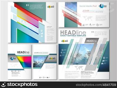 Social media posts set. Business templates. Cover design template, easy editable, abstract flat layouts in popular formats. Abstract triangles, blue triangular background, modern colorful polygonal vector.