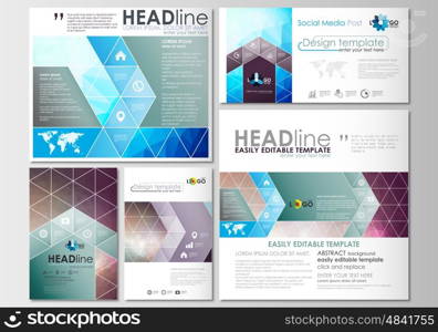 Social media posts set. Business templates. Cover design template, easy editable, abstract flat layouts in popular formats. Abstract triangles, blue triangular background, modern colorful polygonal vector.