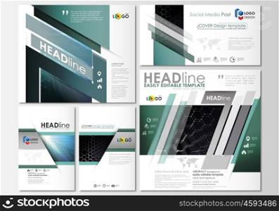 Social media posts set. Business templates. Cover design template, easy editable layouts in popular formats. Chemistry pattern, hexagonal molecule structure. Medicine, science and technology concept