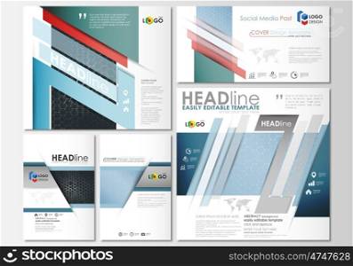 Social media posts set. Business templates. Cover design template, easy editable layouts in popular formats. Chemistry pattern, hexagonal molecule structure. Medicine, science and technology concept