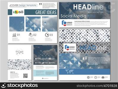 Social media posts set. Business templates. Easy editable abstract flat design template, layouts in popular formats, vector illustration. Blue color pattern with rhombuses, abstract design geometrical vector background. Simple modern stylish texture.