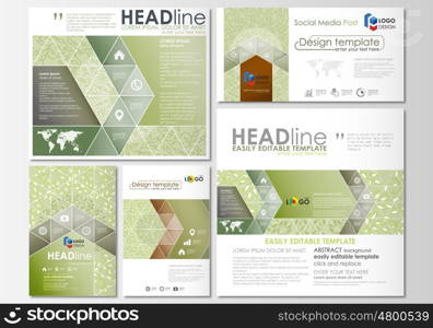 Social media posts set. Business templates. Easy editable abstract flat design template, layouts in popular formats, vector illustration. Green color background with leaves. Spa concept in linear style. Vector decoration for cosmetics, beauty industry.
