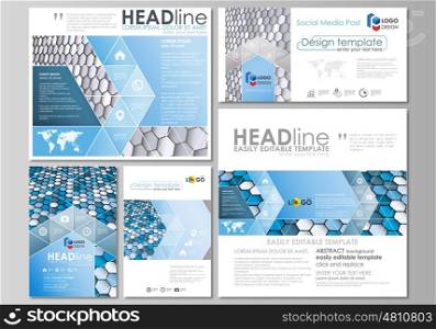 Social media posts set. Business templates. Easy editable abstract flat design template, vector layouts in popular formats. Blue and gray color hexagons in perspective. Abstract polygonal style modern background.
