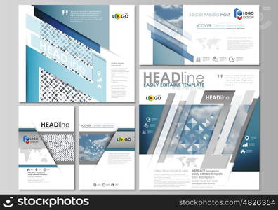 Social media posts set. Business templates. Easy editable abstract flat design template, layouts in popular formats, vector illustration. Blue color pattern with rhombuses, abstract design geometrical vector background. Simple modern stylish texture.