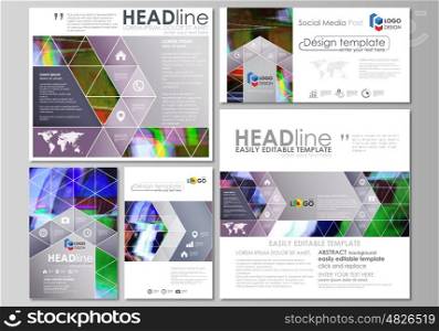 Social media posts set. Business templates. Easy editable abstract flat design template, vector layouts in popular formats. Glitched background made of colorful pixel mosaic. Digital decay, signal error, television fail.