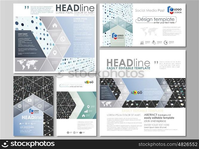Social media posts set. Business templates. Easy editable abstract flat design template, vector layouts in popular formats. Abstract soft color dots with illusion of depth and perspective, dotted technology background. Multicolored particles, modern pattern, elegant texture, vector design.