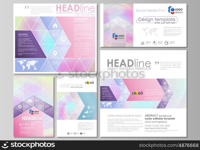 Social media posts set. Business templates. Easy editable abstract flat design template, vector layouts in popular formats. Hologram, background in pastel colors with holographic effect. Blurred colorful pattern, futuristic surreal texture.