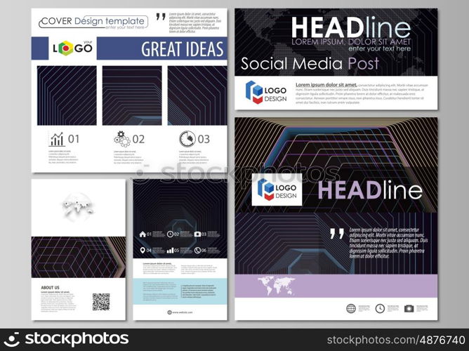 Social media posts set. Business templates. Easy editable abstract flat design template, vector layouts in popular formats. Abstract polygonal background with hexagons, illusion of depth and perspective. Black color geometric design, hexagonal geometry.