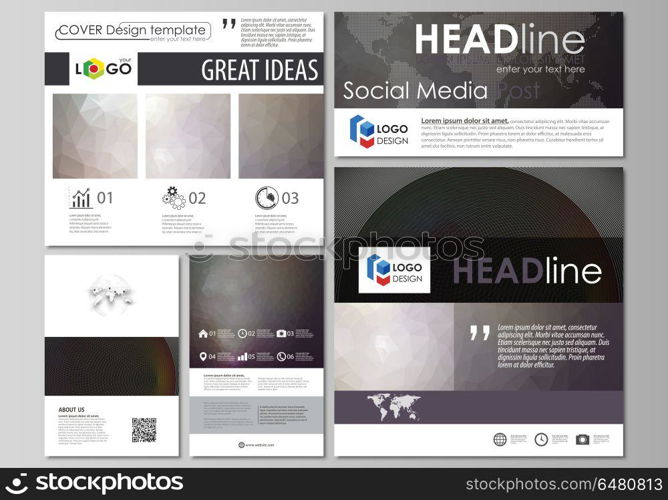 Social media posts set. Business templates. Easy editable design template, vector layouts in popular formats. Dark color triangles and colorful circles. Abstract polygonal style modern background.. Social media posts set. Business templates. Easy editable abstract flat design template, vector layouts in popular formats. Dark color triangles and colorful circles. Abstract polygonal style modern background.