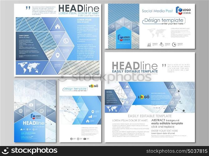 Social media posts set. Business templates. Vector layouts in popular formats. Blue color abstract infographic background in minimalist design made from lines, symbols, charts, other elements.. Social media posts set. Business templates. Easy editable abstract flat design template, vector layouts in popular formats. Blue color abstract infographic background in minimalist style made from lines, symbols, charts, diagrams and other elements.