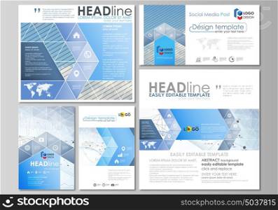 Social media posts set. Business templates. Vector layouts in popular formats. Blue color abstract infographic background in minimalist design made from lines, symbols, charts, other elements.. Social media posts set. Business templates. Easy editable abstract flat design template, vector layouts in popular formats. Blue color abstract infographic background in minimalist style made from lines, symbols, charts, diagrams and other elements.