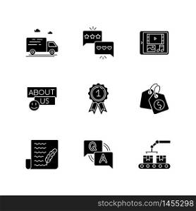 Social media presence black glyph icons set on white space. Delivery services. Feedback, review. Digital media. Contact info. Reward winner. Price tag. Silhouette symbols. Vector isolated illustration. Social media presence black glyph icons set on white space