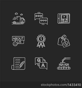 Social media presence chalk white icons set on black background. Delivery services. Feedback, review. Digital media. Contact info. Reward winner. Price tag. Isolated vector chalkboard illustrations. Social media presence chalk white icons set on black background