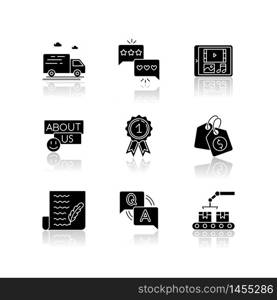 Social media presence drop shadow black glyph icons set. Delivery services. Digital media. Contact info. Reward winner. Question and answer. Isolated vector illustrations on white space. Social media presence drop shadow black glyph icons set