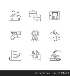 Social media presence pixel perfect linear icons set. Delivery services. Feedback, review. Digital media. Customizable thin line contour symbols. Isolated vector outline illustrations. Editable stroke. Social media presence pixel perfect linear icons set