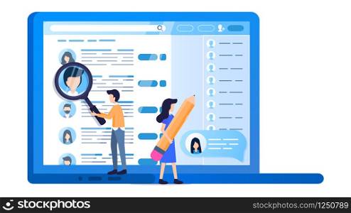 Social Media Profile Laptop Screen Online Search. Man Hold Magnifier Monitoring. Woman Point on Applicant Resume. Open Notebook. Male Character with Magnifying Glass. Flat Cartoon Vector Illustration. Social Media Profile Laptop Screen Online Search