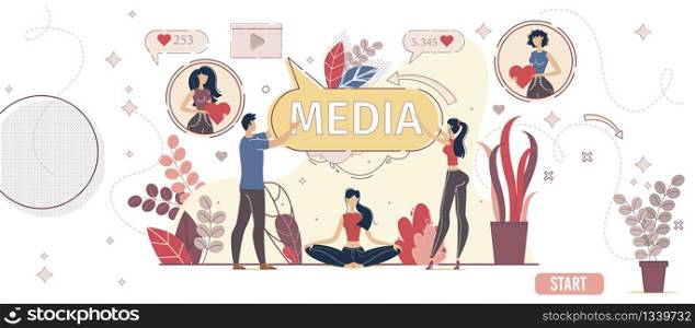 Social Media Project or Startup, Digital Marketing Campaign, Content Popularity Measuring Service Web Banner, Landing Page. online Users Liking and Sharing Content Trendy Flat Vector Illustration