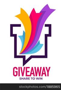 Social media promotion and marketing, giveaway giving prizes and presents for activity on pages. Contest among followers and subscribers, share to win. Advertising product, vector in flat style. Giveaway share to win reward for activity in social media