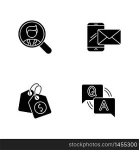 Social media recruitment black glyph icons set on white space. Looking for employee. Company recruitment. Corporate contact info. Pricetag for product. Silhouette symbols. Vector isolated illustration. Social media recruitment black glyph icons set on white space
