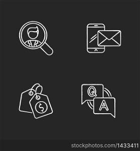 Social media recruitment chalk white icons set on black background. Looking for employee. Company recruitment. Corporate contact info. Price tag for product. Isolated vector chalkboard illustrations. Social media recruitment chalk white icons set on black background