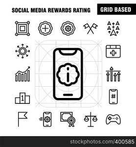 Social Media Rewards Rating Line Icon Pack For Designers And Developers. Icons Of Cinema, Movie, Ticket, Rating, Gear, Settings, Social Media, Vector