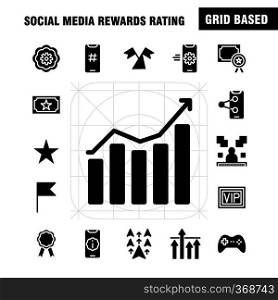Social Media Rewards Rating Solid Glyph Icon Pack For Designers And Developers. Icons Of Cinema, Movie, Ticket, Rating, Gear, Settings, Social Media, Vector