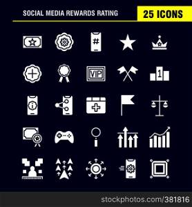 Social Media Rewards Rating Solid Glyph Icon Pack For Designers And Developers. Icons Of Cinema, Movie, Ticket, Rating, Gear, Settings, Social Media, Vector